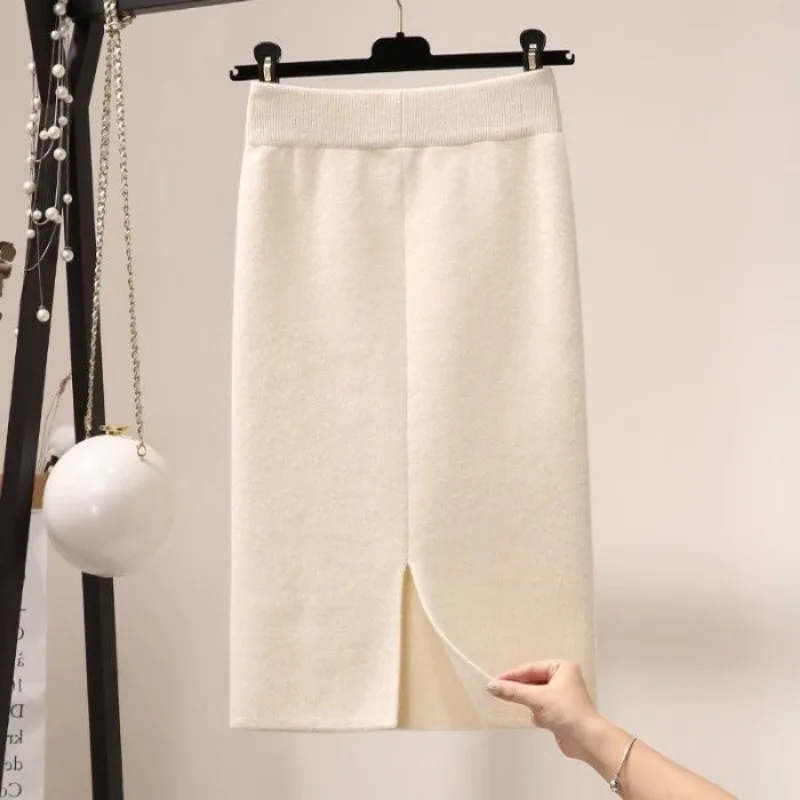 冬の女性用厚手ニットスカート、新スタイル、小さめハイウエスト、ワンステップスカート、上品なスリット入りヒップカバーロングスカート