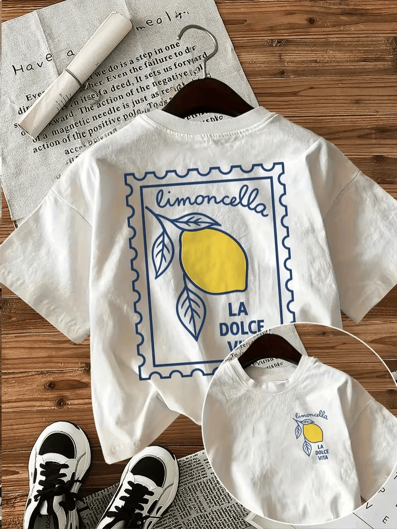 Limoncello Lemon Stamp Print T-shirt Italian Positano Graphic Double Sided Short Sleeve Tops Women Casual Streetwear Daily Tee