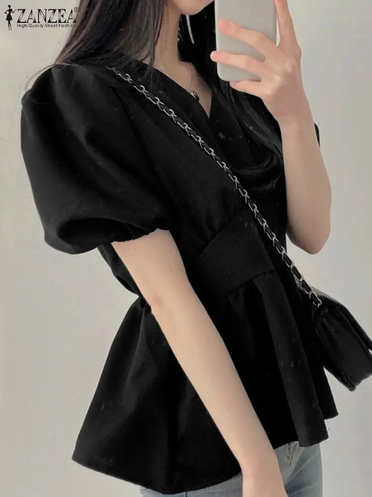 

ZANZEA Office A-line Tops Elegant Women Blouse Casual V-neck Shirt 2024 Summer Puff Short Sleeve Tunic Korean Solid Waist Blusas