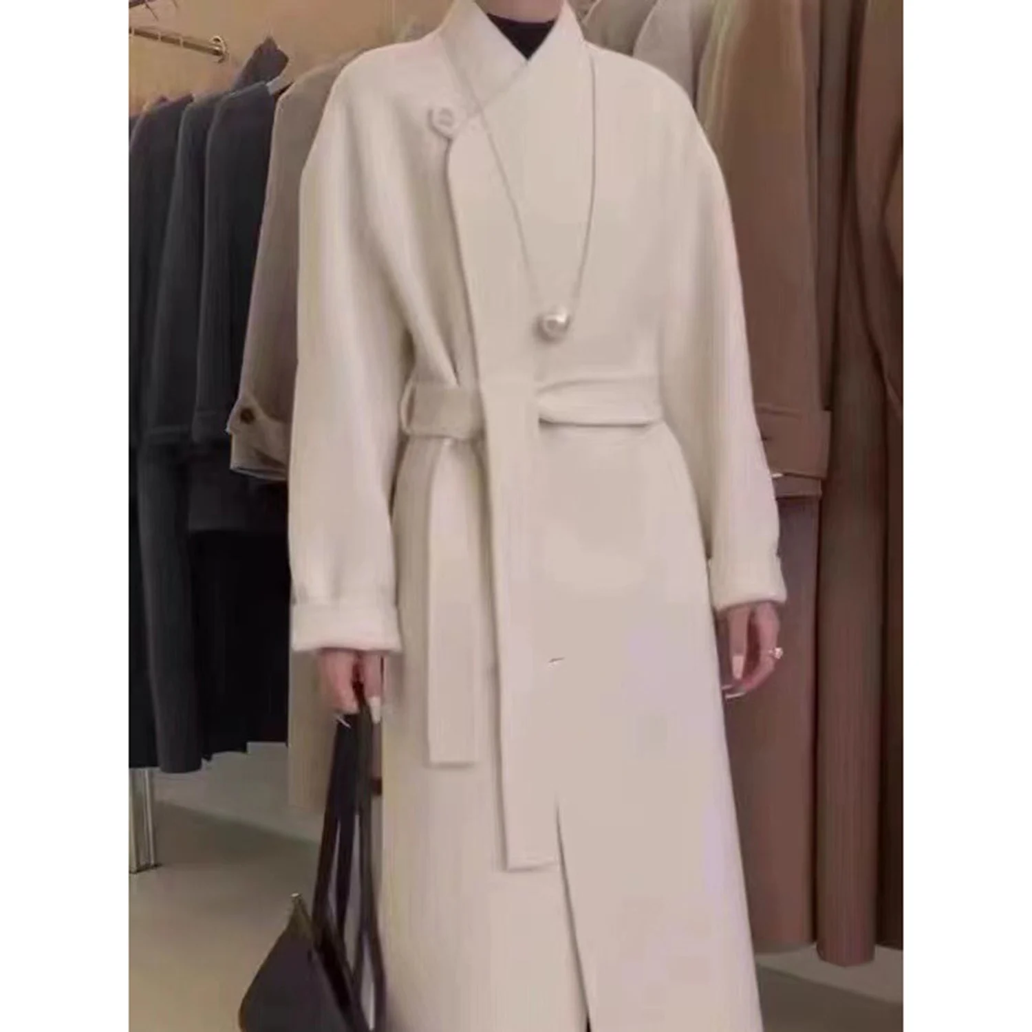 

Allingentle Ivory Women's Long Blazer Woolen Elegant Jacket Warm Coat for Cocktail Party Daily Outfits Customize