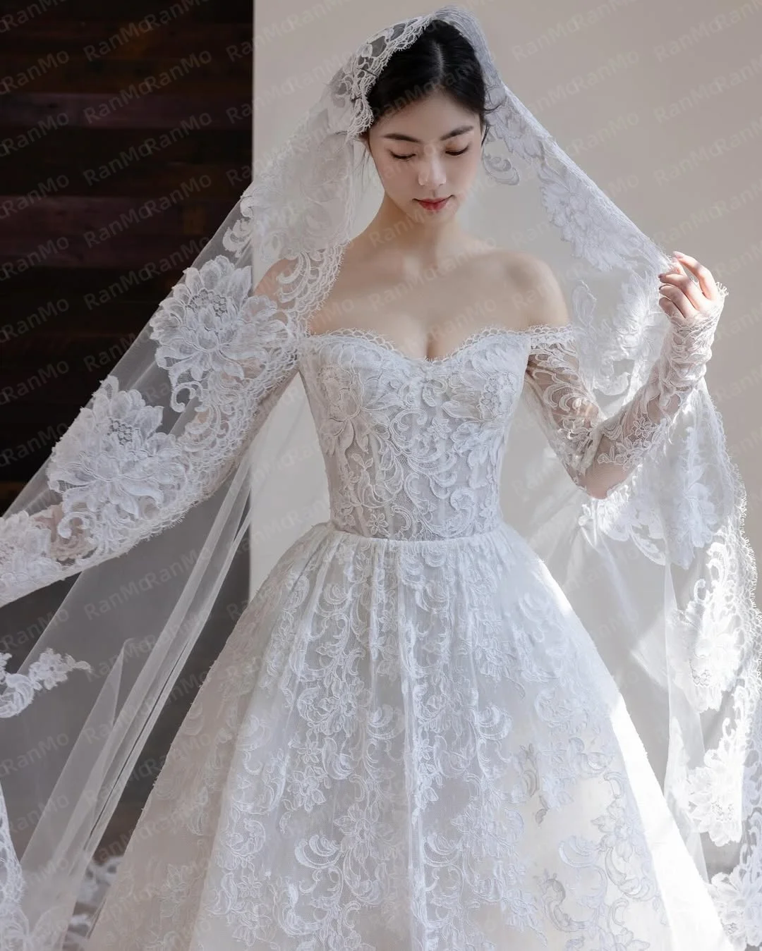 Ranmo 2026 Elegant luxurious White Lace Sweetheart Collar Off the Shoulder Wedding Party Dress A-line Floor-Length Customized