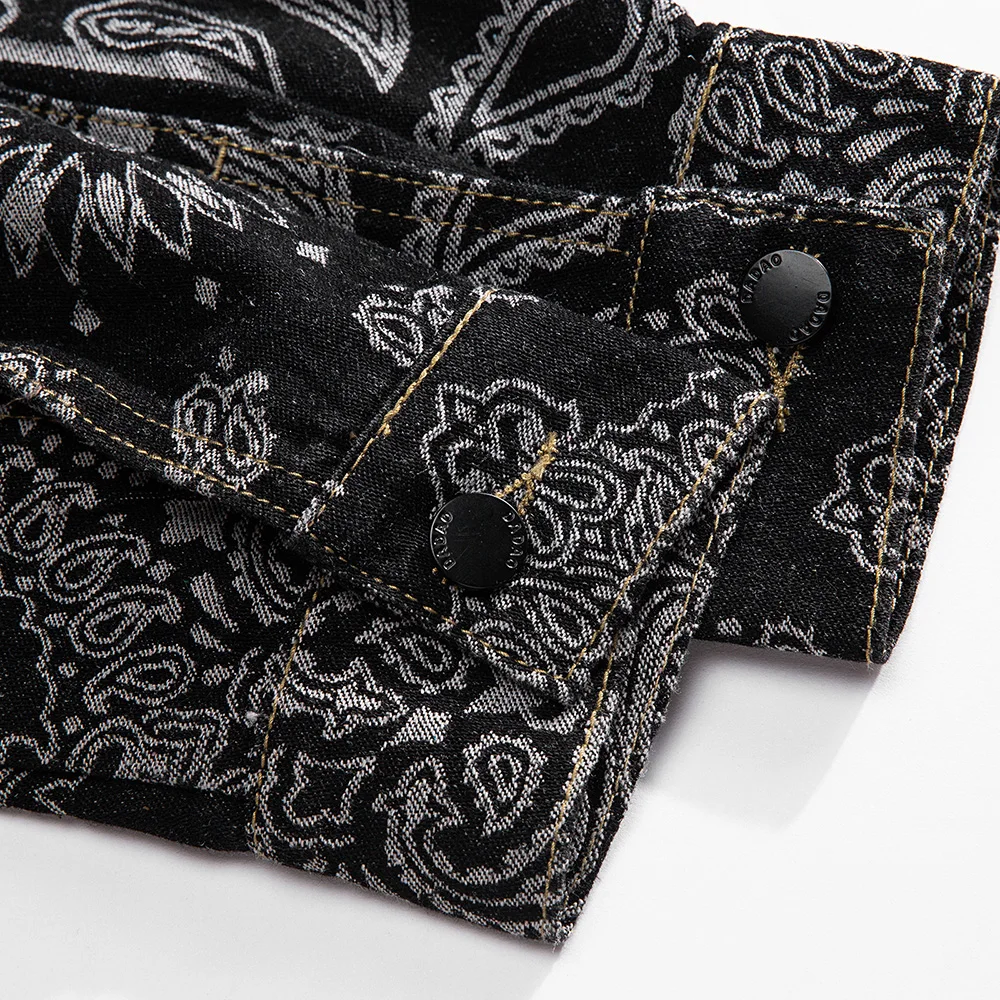 Men Paisley Bandana Print Denim Jacket Streetwear Pattern Jacquard Weave Coat Fashion Loose Long Sleeve Outerwear Black Blue