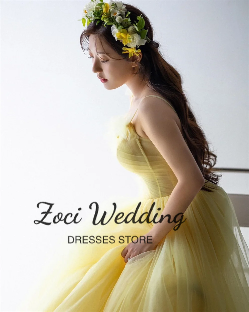 Zoci Princess Yellow Korea A Line Wedding Dresses Fairy Tulle Spaghetti Straps Customized Corset Bridal Party Gown Photos Shoot