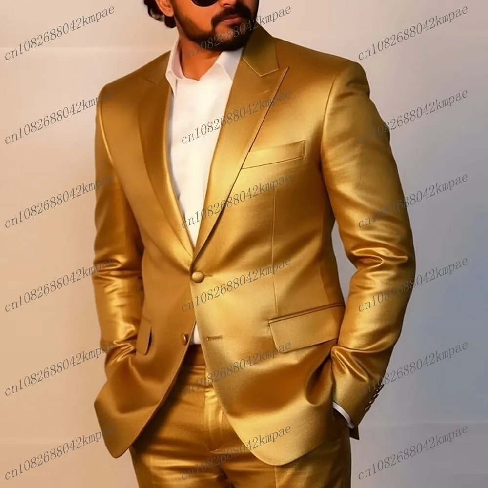 

New Gold Acetate Satin Formal Men Suit Groom Groomsman Wedding Party Prom Business Male Tuxedos 2 Piece Set Blazer Pants