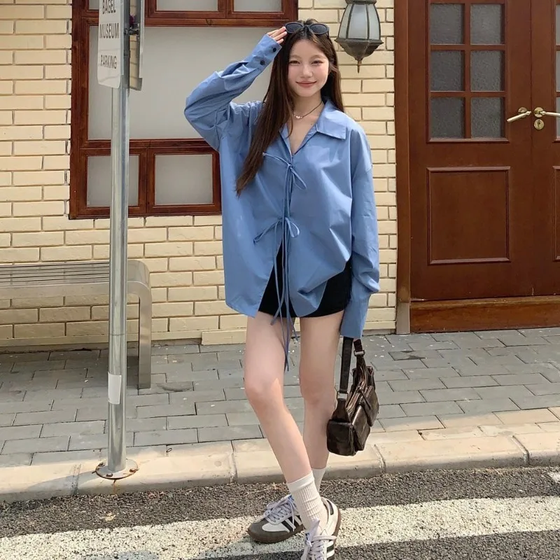 ديبتاون الأزرق الدانتيل يصل الخامس الرقبة النساء القمصان خمر طويلة الأكمام الكورية موضة فضفاضة البلوزات بلون عادية الفرنسية أنيقة