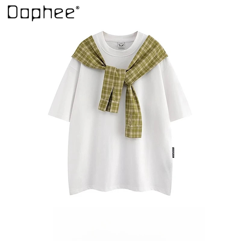 

Лето 2025 г., клетчатая шаль, искусственная двухсекционная мужская черная футболка с круглым вырезом, свободный повседневный универсальный белый топ с короткими рукавами