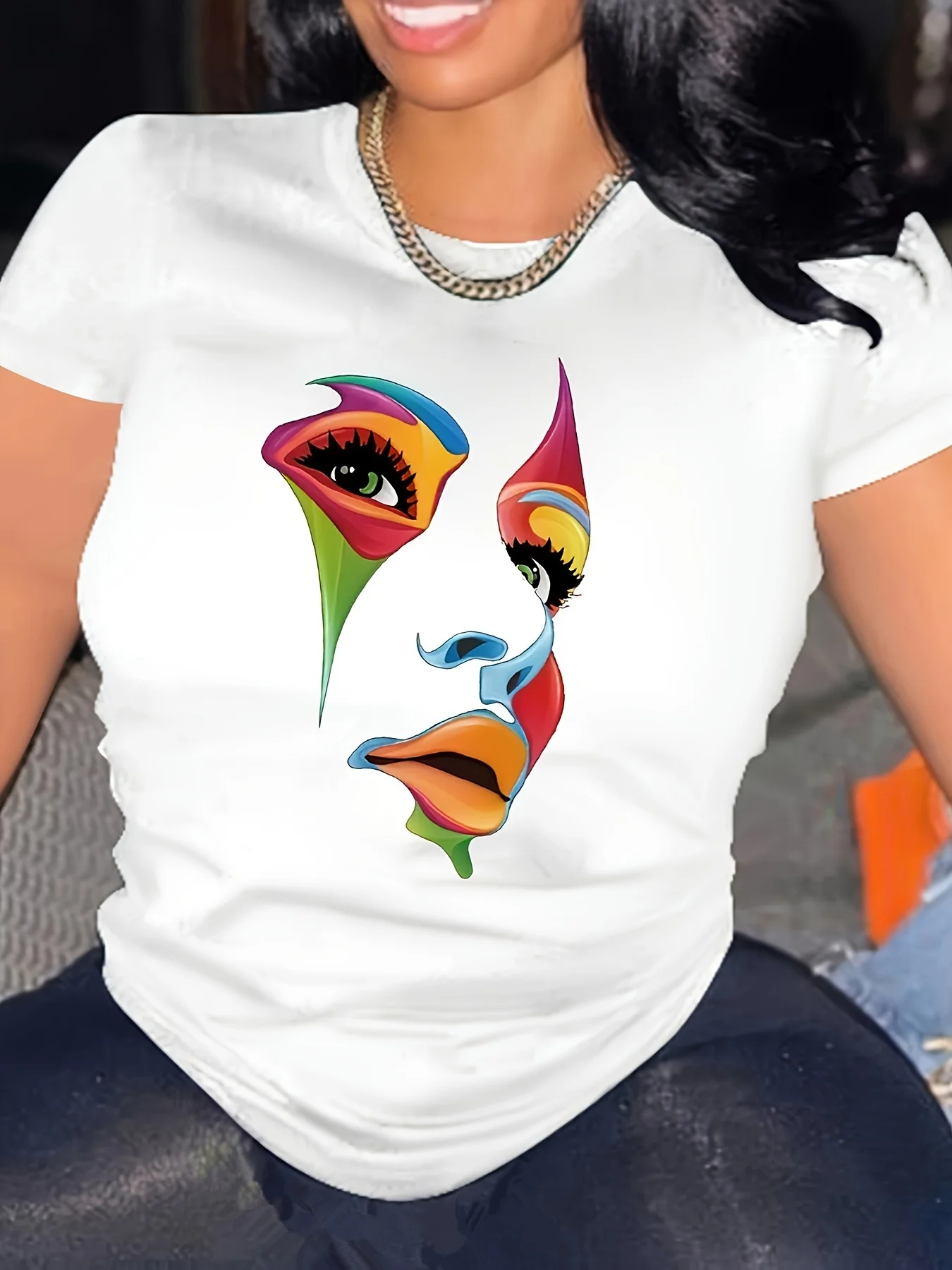 

Womens Vibrant Colorful Figure Print Casual Short Sleeve Round Neck T-Shirt - Soft Breathable Relaxed Fit - Perfect For