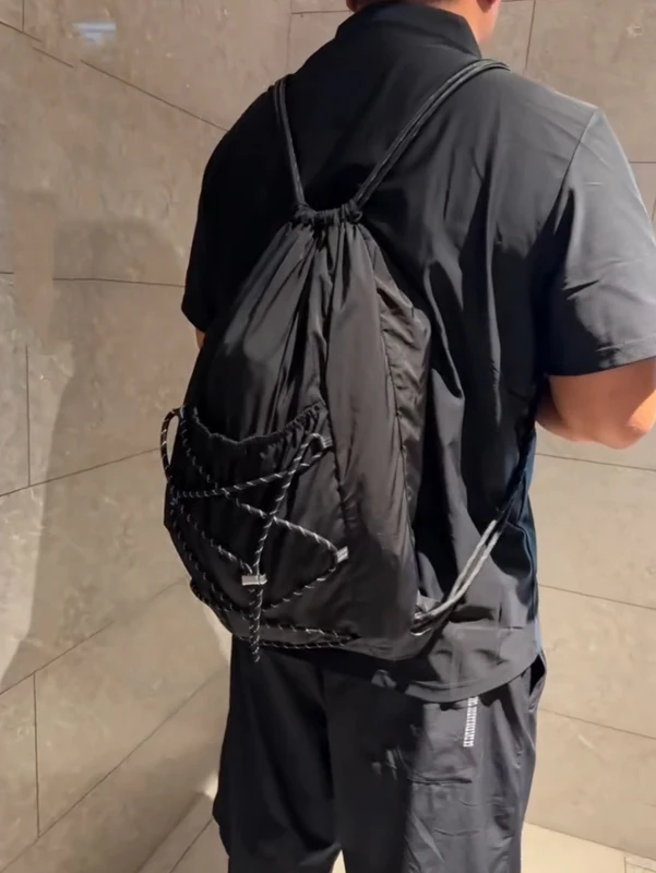 SHELKSBAG Unisex Wrinkled Nylon Drawstring Backpack Elastic Rope Water‑repellent Gym Sack Bag 14'' Laptop Travel Casual Sackpack