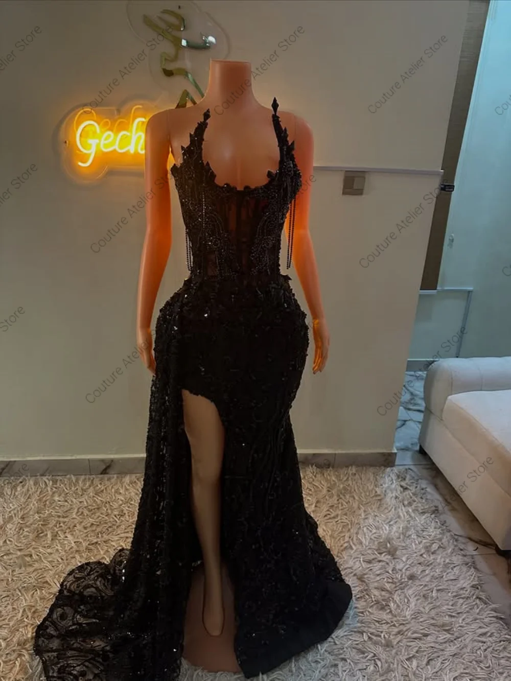 Black Stones Prom Dresses Blackgirls High Split Mermaid Evening Party Gowns Customized Exuqisite Strapless vestidos de gala