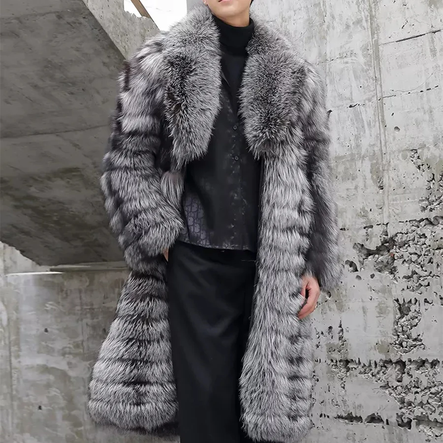 

Men's Jacket Real Fur Coat Winter Full Sleeves Warm Thick Genuine sliver Fox Fur Coat Horizontal Stripe