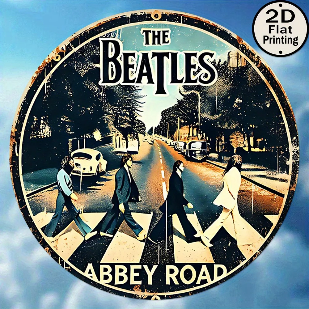 2D Flat, 1-Piece Vintage Beatles Abbey Metal Wall Art - 20.32X 20.32cm Round Iron Sign, Iconic Band Members Crossing St