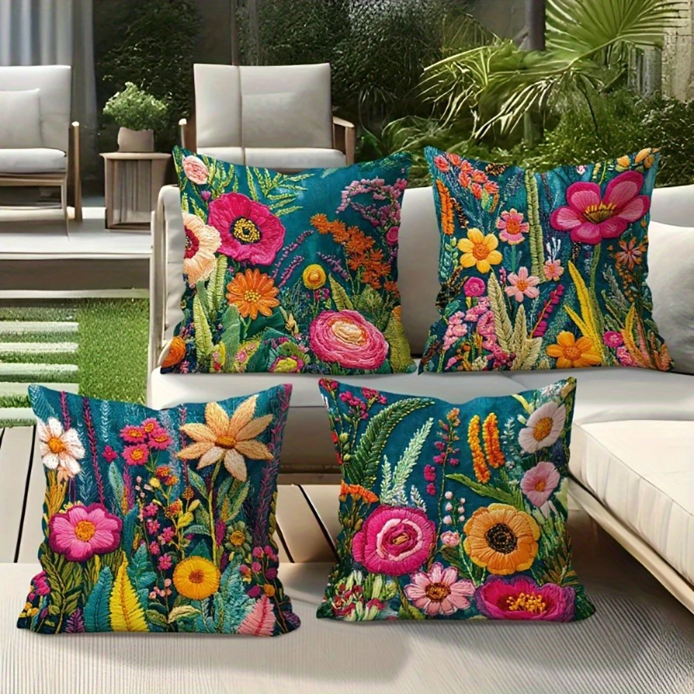 Colorful Embroidery Style Floral Garden Pillow Cover Short Plush Polyester Cushion Case Decor Throw Pillowcase Home Deco