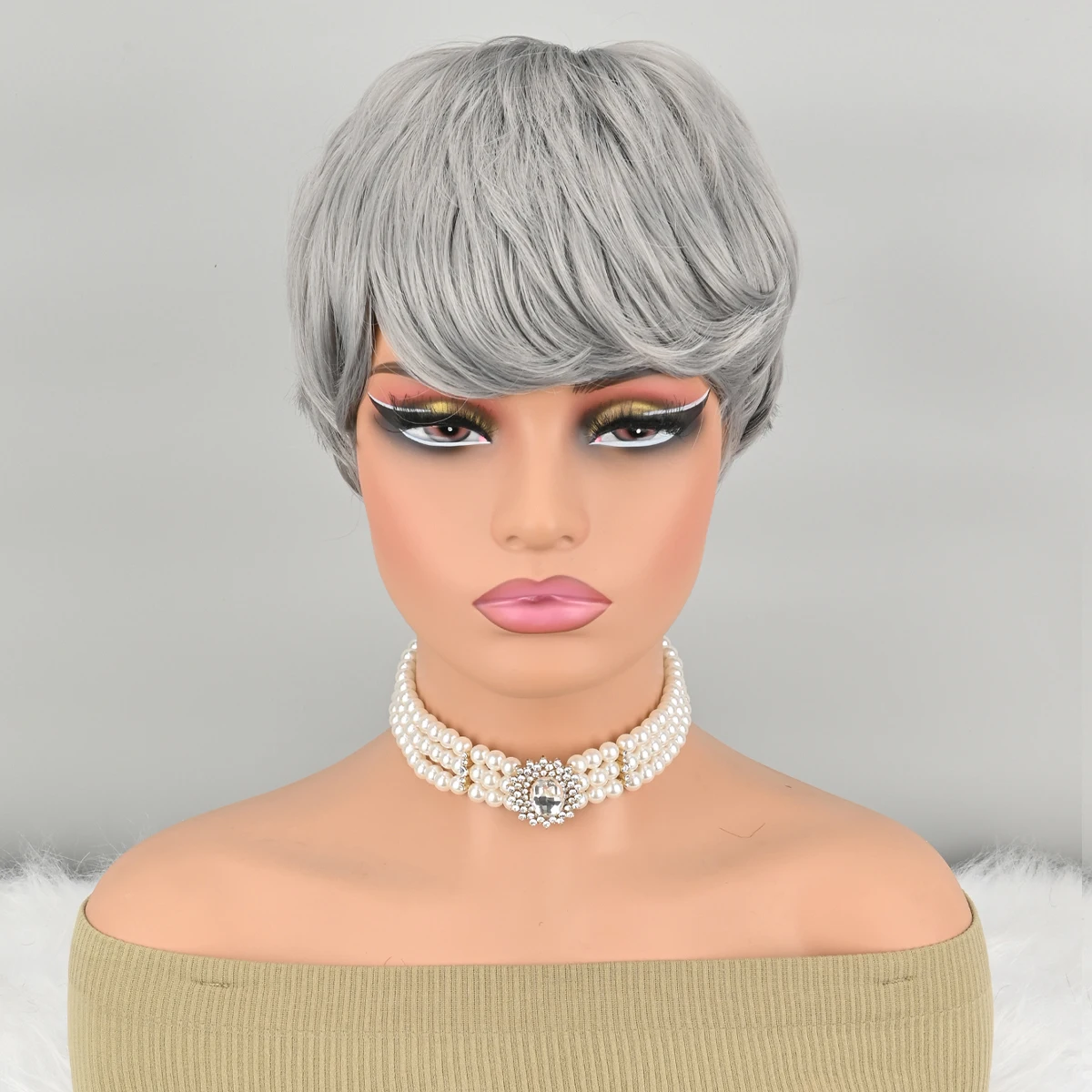 باروكات رمادية للنساء السود، باروكات صناعية قصيرة، باروكات قصيرة مجعدة، شعر قصير مع غرة للنساء ذوات البشرة السمراء، شعر مستعار قصير بيكسي #6