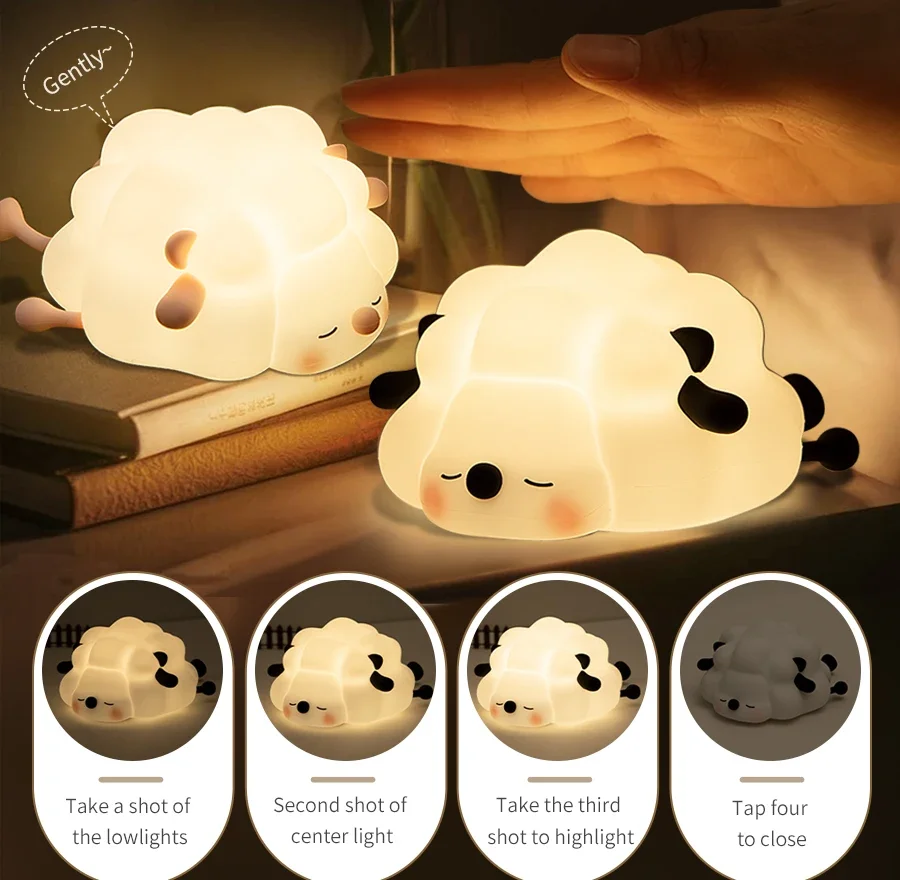 LED Night Lights Cute Sheep Panda Silicone Lamp USB Rechargeable Timing Bedside Room Decor Kids Baby Nightlight Birthday Gift