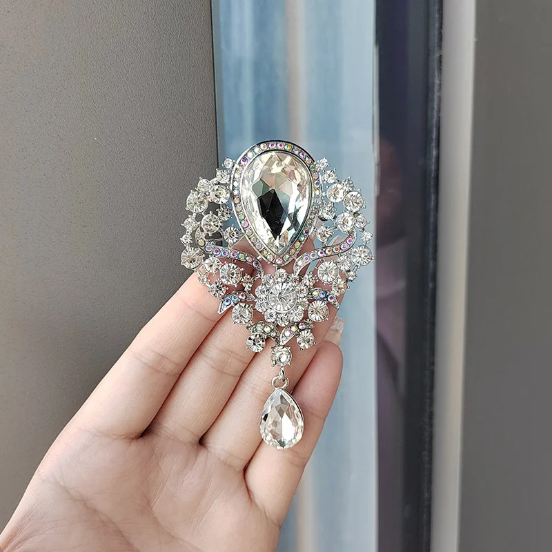 Large Oval Rhinestone Brooches For Women Vintage Crystal Flower Water Drop Brooch Pins Fashion Clothing Accessories Jewelry Gift