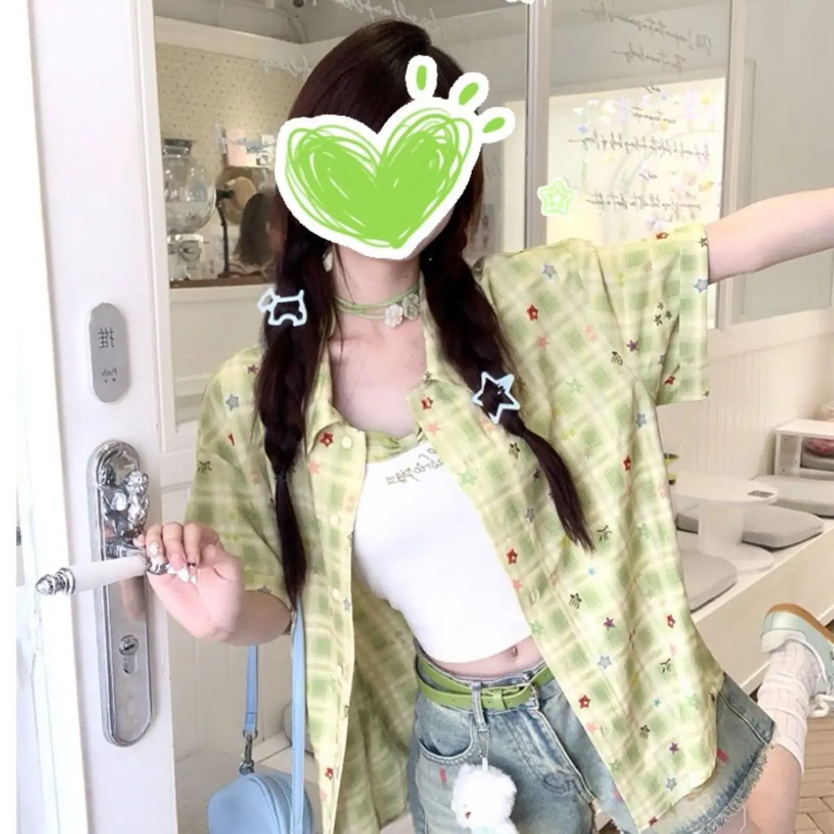 Japan Green Printed Plaid Shirt Top Women'S Summer All-Match Short-Sleeved Jacket 2026 New