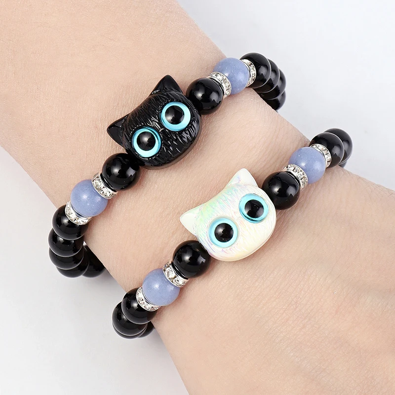 Pulseras luminosas de gato de ojo grande para mujer, colgante de Animal de dibujos animados, cadena de mano con cuentas, pulsera de amistad, regalo