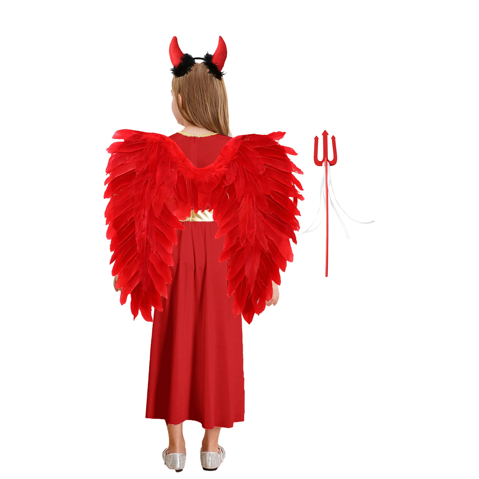 4Pcs Girls Angel Devil Cosplay Costume Halloween Carnival Themed Party Angel Dress with Feather Wings Headband Fairy Sticks Set