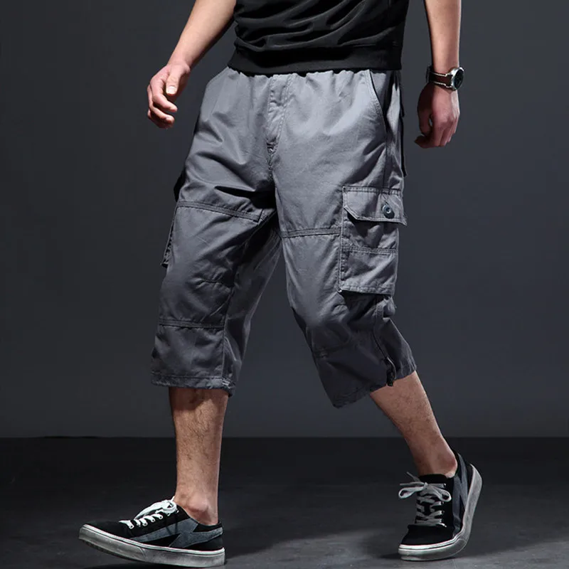 Summer Men's Casual Cargo Shorts Below Knee-length Loose Style Shorts Elastic Waist Plus Size Daily Beach Travel Casual Shorts