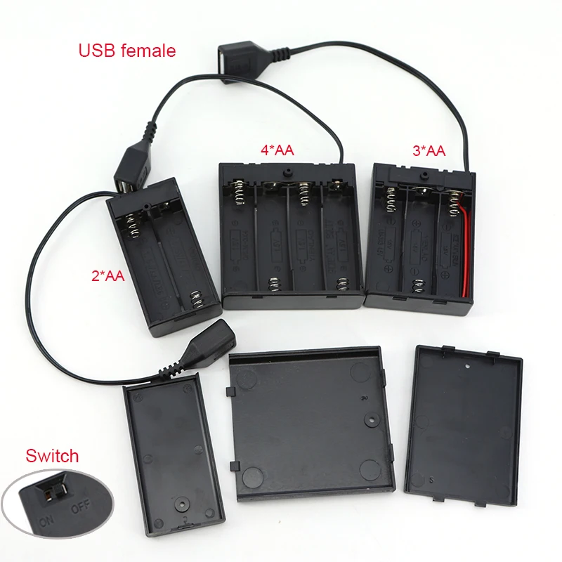 2 3 4 × AA 1.5 فولت 3 فولت 6 فولت حامل البطارية صندوق تخزين محمول صغير USB أنثى كابل إمداد الطاقة صندوق بطارية لشريط الضوء L1