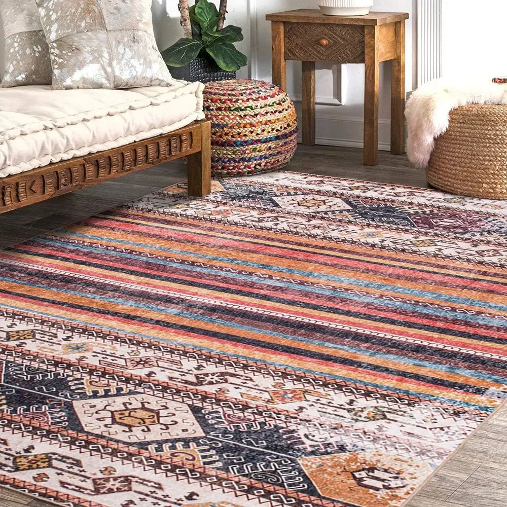 Alfombra Boho Rayas 6x9, Lavable y Suave, Antideslizante, No Desprendimiento, Ideal para Salón, Dormitorio, Área de Comedor, Sala de Juegos (Crema/Mixe