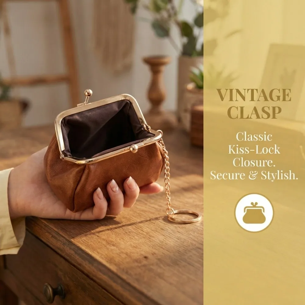 

Creative Solid Color Hasp Coin Purse PU Leather Card Case Kiss Lock Wallet with Key Ring Vintage Mini Coin Bag Bus Card