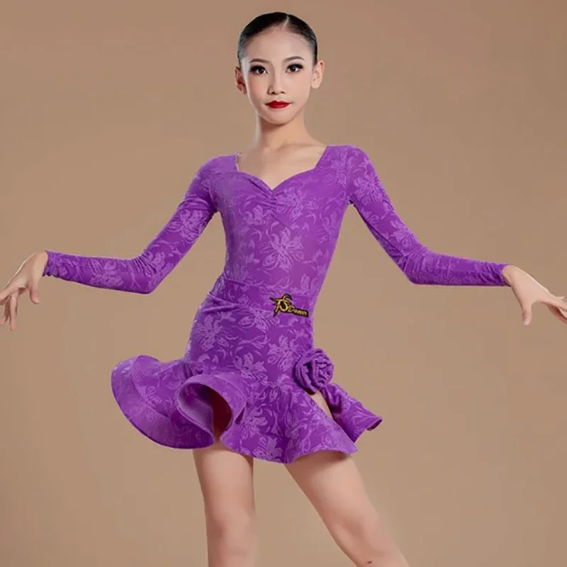 

Kids Girls Latin Dance Outfit Costume Autumn Winter Long Sleeve Bodysuit and Split Pants Trousers Competition Training Suit