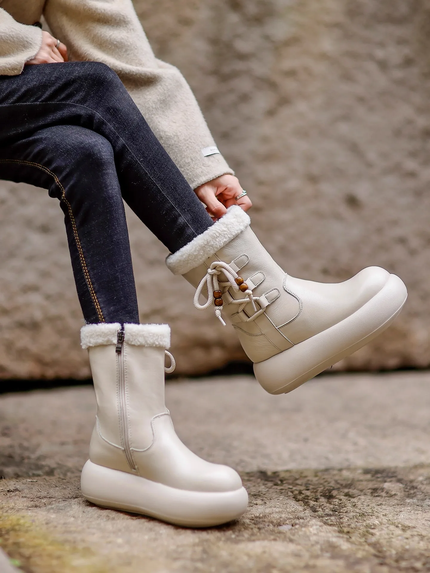 

GKTINOO Fashion Women Snow Boots Winter Warm Wool Thick Soled Anti-slip Waterproof Platform Genuine Leather Mid Calf Boots