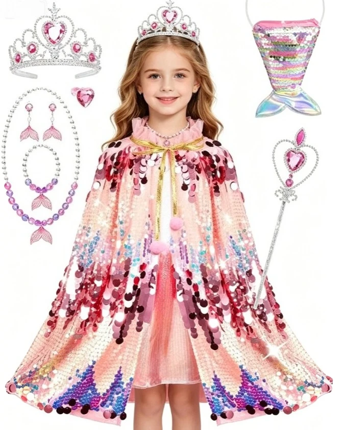 Girls Rainbow Glitter Mermaid Princess Style Tulle Cape Set With Jewelry Crown Wand Handbag Cloak For Birthday Halloween Party