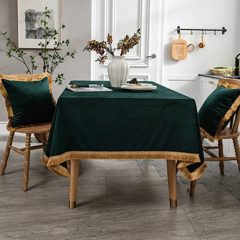 Plain Tassels Dutch Velvet Tablecloth Green Dining Coffee Table Cover Luxury Wedding Party Rectangular Square Round Fabric Soft