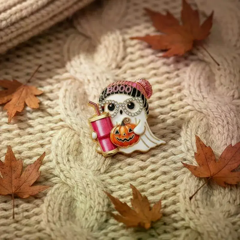 Cute Hat-Wearing Ghost Brooch Holding Straw Cup Adorable Specter Enamel Pin for Halloween Costume Decor Gift