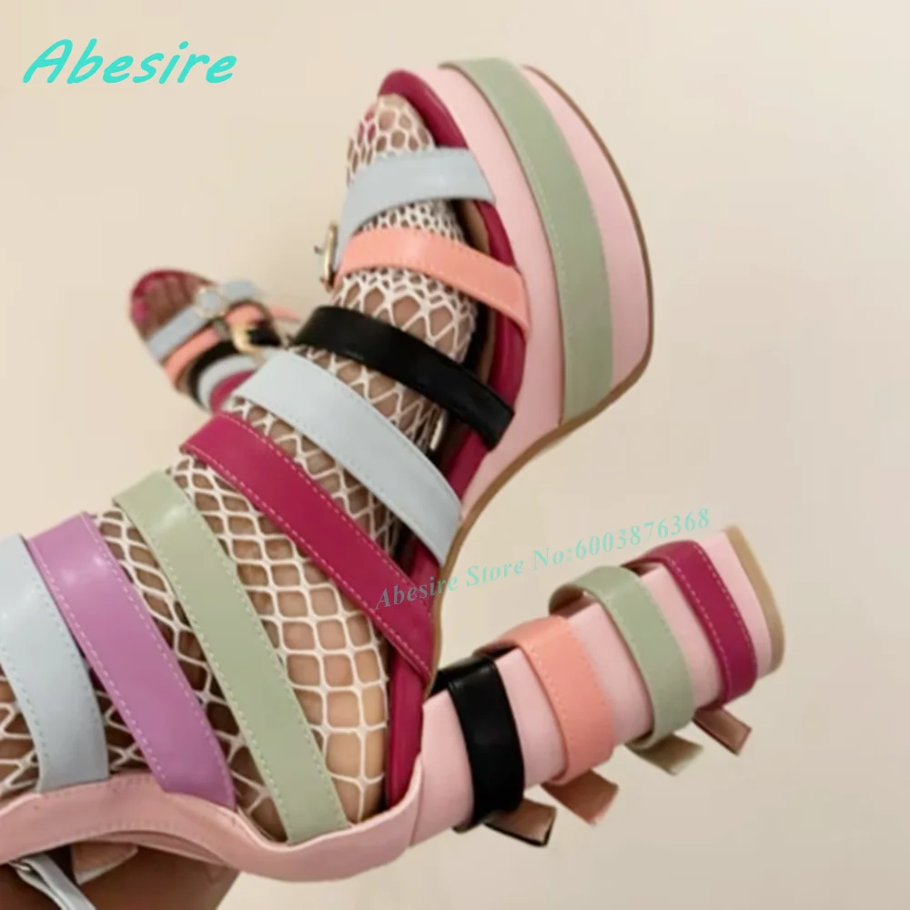 Cut Out Leather Summer 2026 New Peep Toe Block Heeled Back Zipper Women's Runway Shoes Colorful Multi-Buckled Platform Sandals