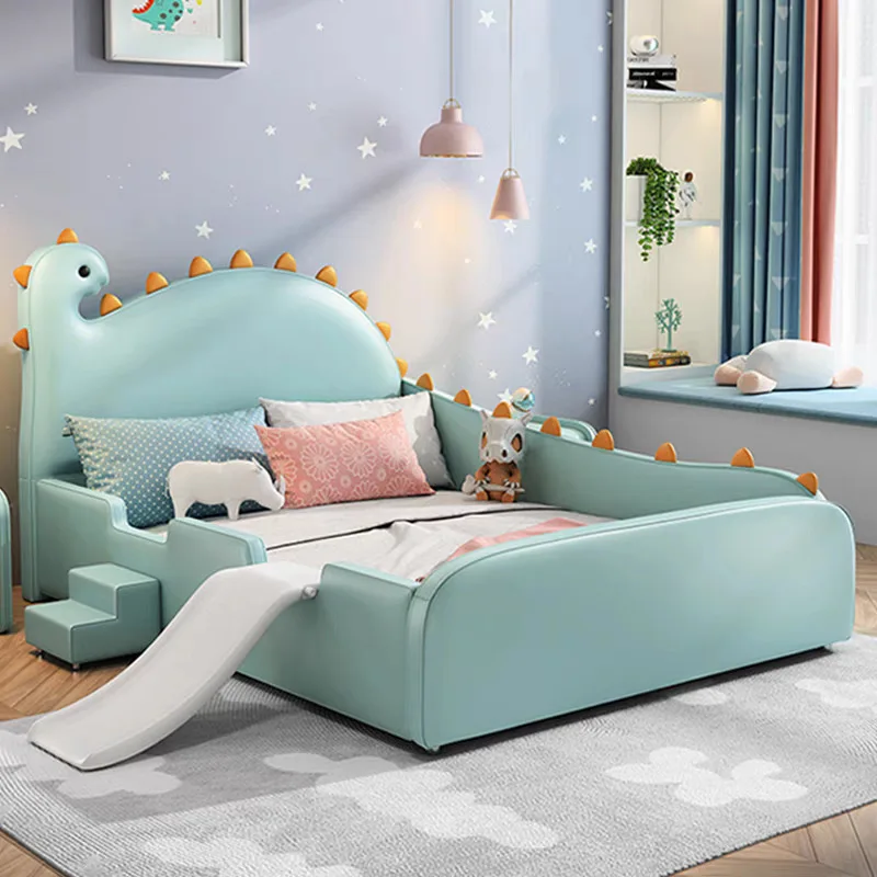 Nordic simplicity, cartoon slides Internet celebrities with guardrails, dinosaur creative single leather bed