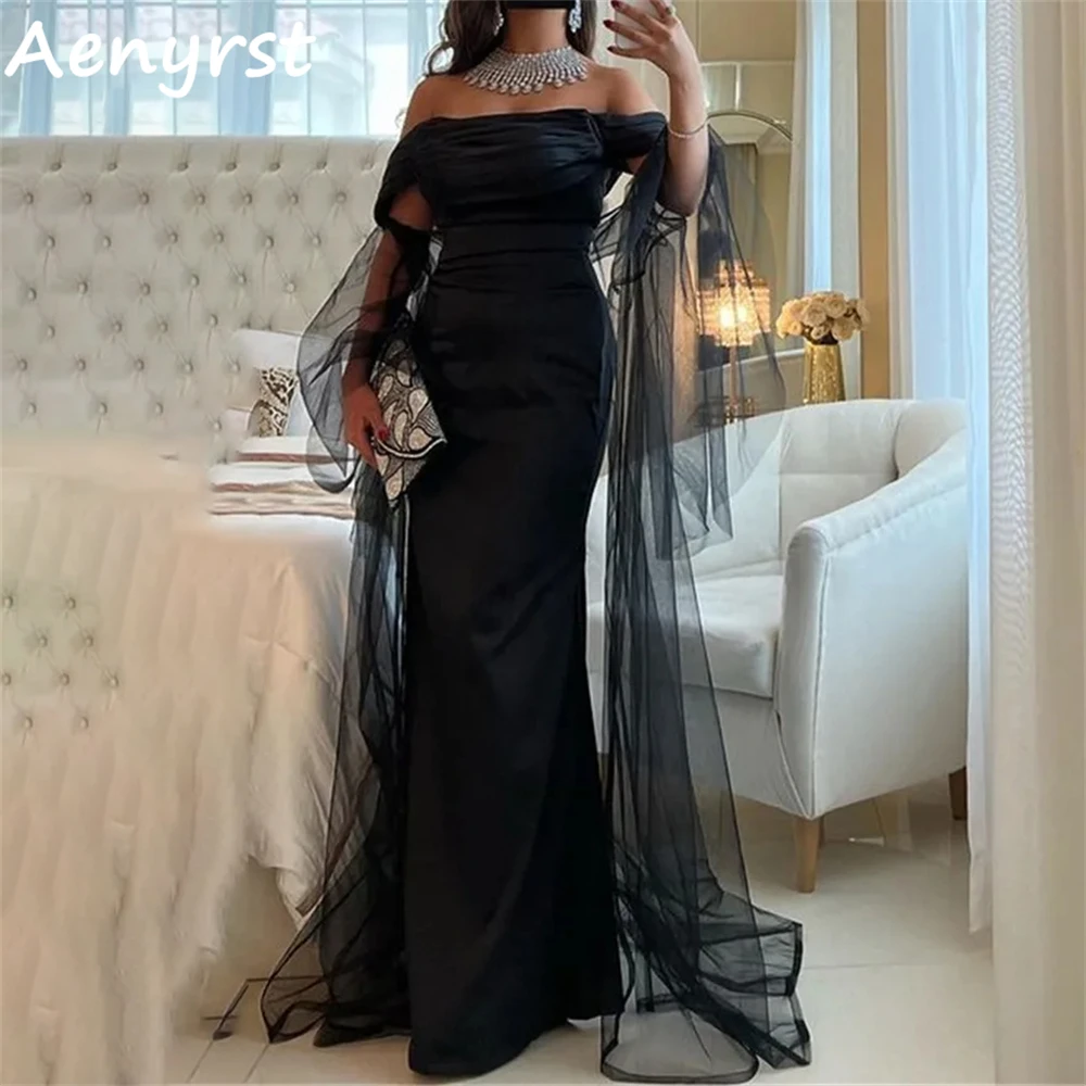 Aenyrst Black Off Shoulder Satin Evening Dresses Mermaid With Tulle Cape Pleated Prom Gowns Floor Length Formal Occasion Dress