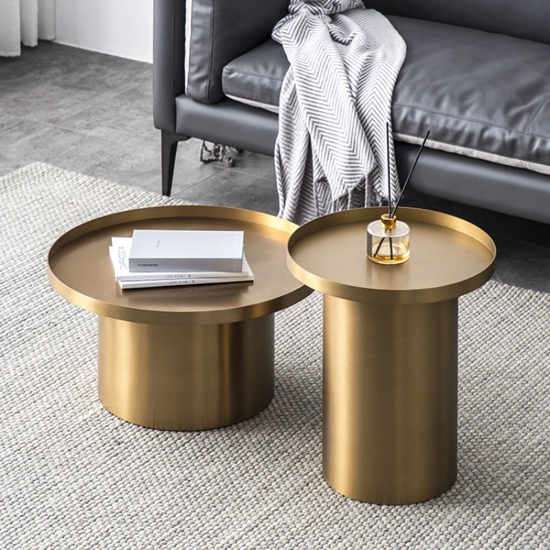 

Side few stainless steel metal round coffee table tall and short combination light luxury living room sofa corner few