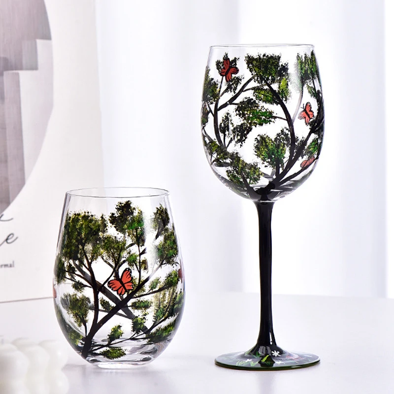 1PC Four Seasons Trees Wine Glasses Goblet Creative Printed Round Glass Cup For Wine Beer Cocktail Large Capacity Glass Cup Gift