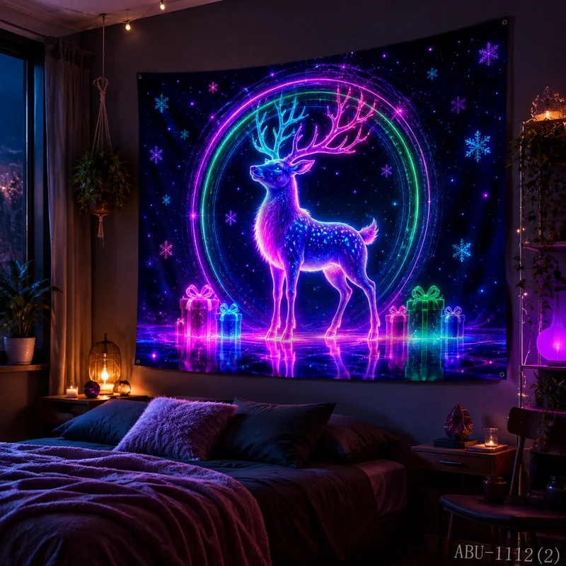 VIKAMA Neon Purple Blue Reindeer Rainbow Halo Gift Water Reflection Christmas Tapestry Bedroom Living Room Dorm Home Decor