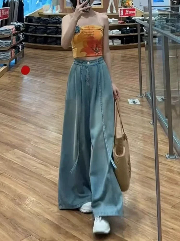 

Ice Silk Women's Jeans Loose Slimming High Waist Wide Leg Pants Dra Thin Autumn Faion plus Size Casual Loose Fit