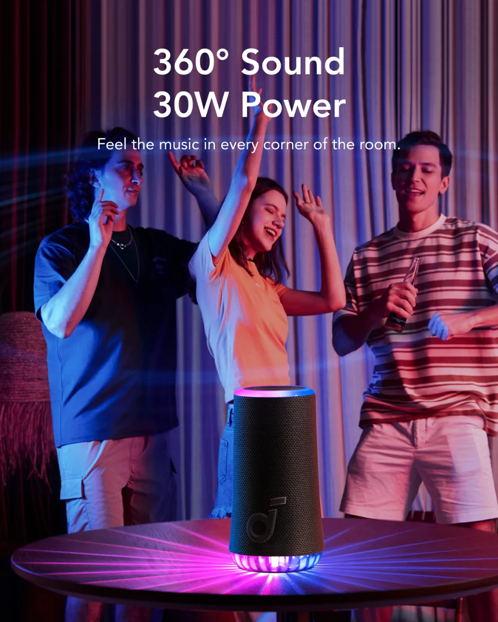 ลำโพงพกพาเรืองแสงด้วย soundcore พร้อมเสียง ° 30W 360ไฟเรนนิ่งการเล่น18ชั่วโมงการปรับแต่งความถี่และการแสดงแสง
