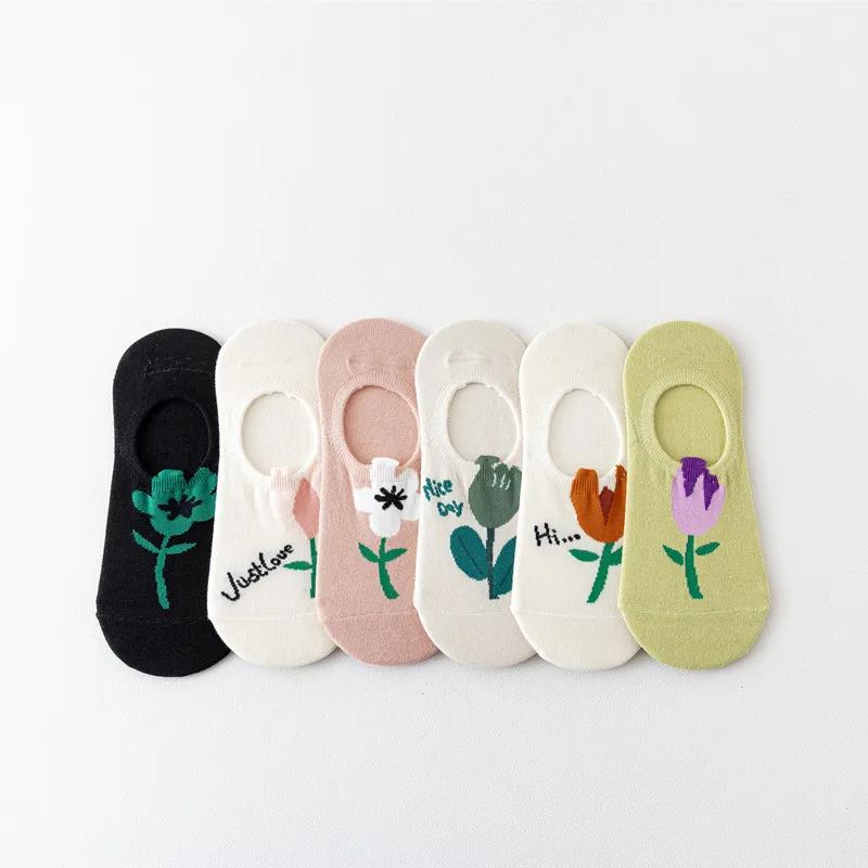 5 Pairs Summer Women Floral Socks High-quality Thin Breathable And Comfortable Silicone Anti Slip Plant Socks Hot Sellers