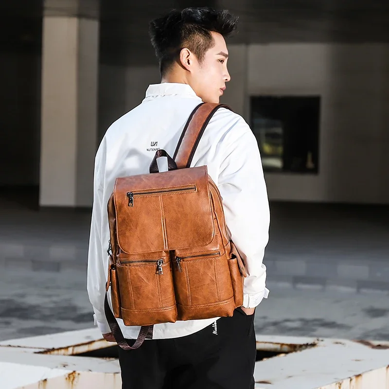 

Men Business Casual Backpacks For School Travel Bag Black Pu Leather Men's Fashion Shoulder Bags Vintage Boys Men Backpack