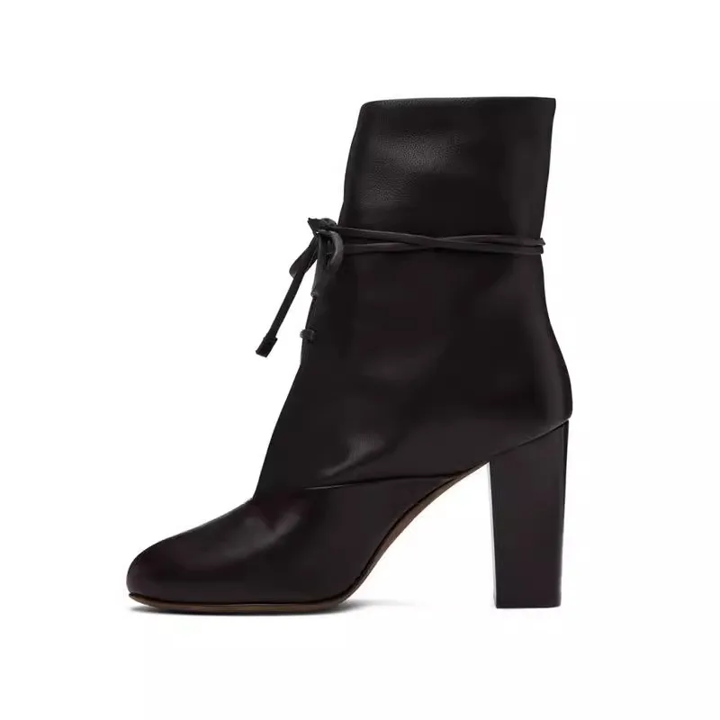 

Soft Leather Split Toe Thick Heel Ankle Boots Lace-Up Comfortable Short Botines Black Women Botas Femininas Chaussure Femme