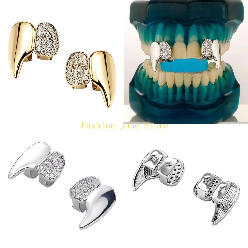 N5KA 2Pcs Stylish Cool Silver/Gold Vampires Teeth Grillzs Accessory Set