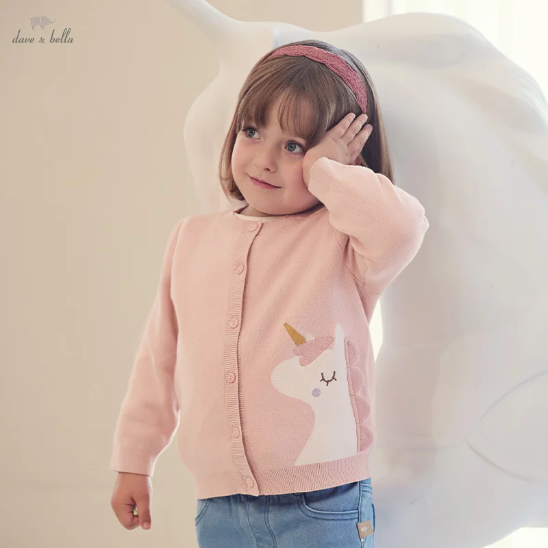 Dave Bella Girl's Sweater Cardigan 2025 Spring Lace Collar Gentle Unicorn Print Children's Pure Cotton Knitwear Top DB3242339