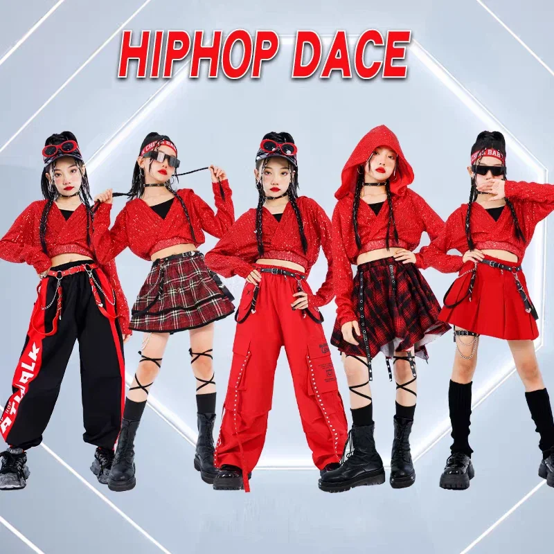 Crianças hip hop jazz calças conjuntos de roupas vermelhas crianças streetwear k-pop trajes meninas lantejoulas colheita hoodies saia de dança de rua