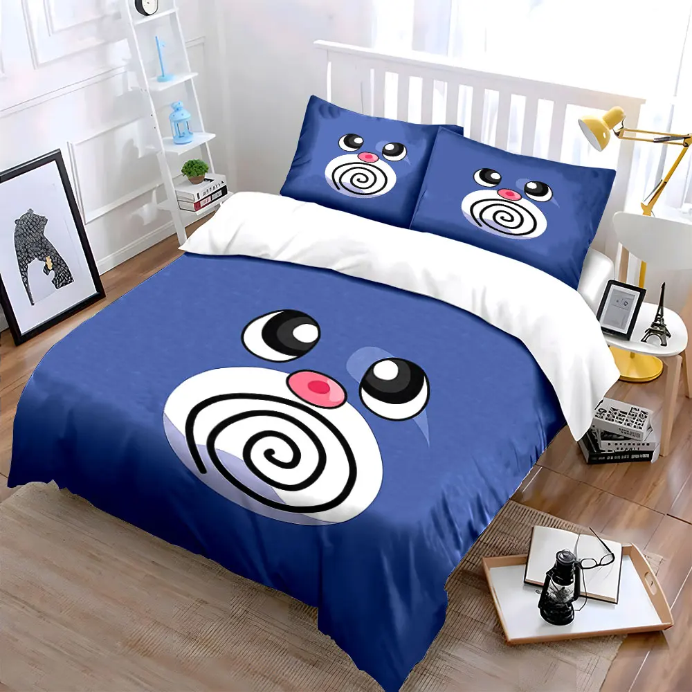 3Pcs Minimal Spiral Mouth Cute Face Duvet Cover Set, Solid Blue Plain Kids Bedding Single Double King Queen, Gift