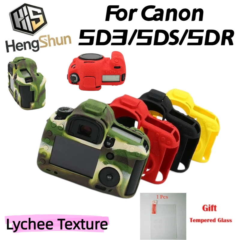 Soft Silicone Protective Shell For Canon 5D Mark III 5D3 5DS 5DR Anti‑Slip Shockproof Camera Skin Case + 1PCS Free Tempered Film