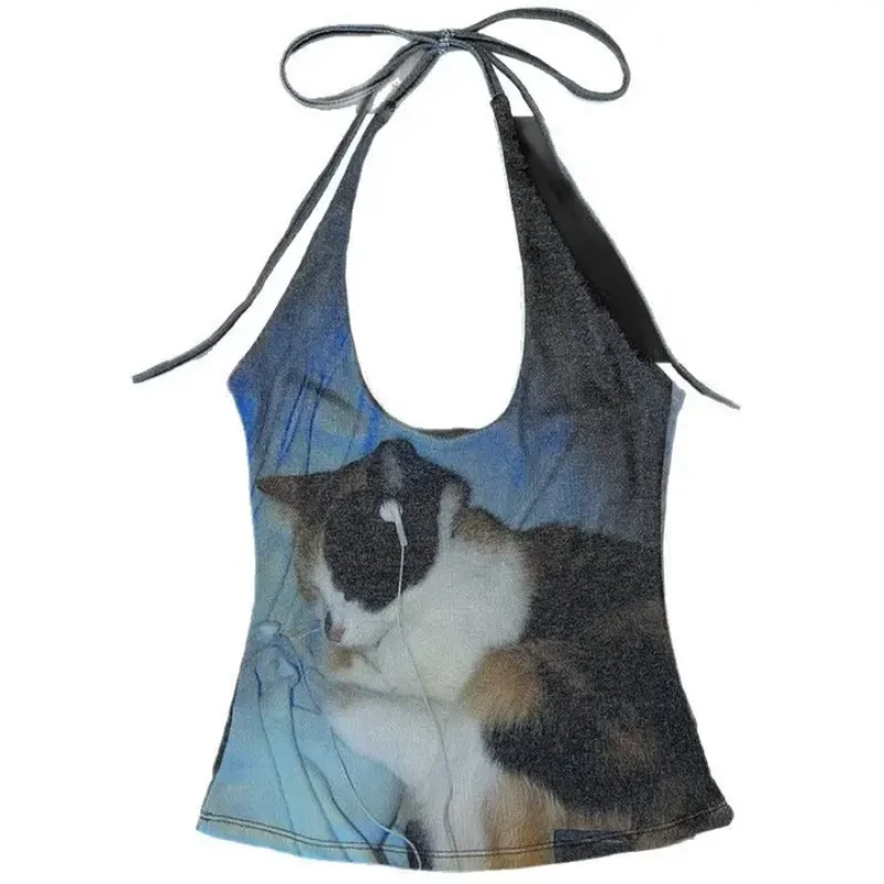 Cat Print Halter Neck Cami Top Women Tie Back Sleeveless Slim Y2K Retro Casual Summer Crop Top Streetwear Tank Top