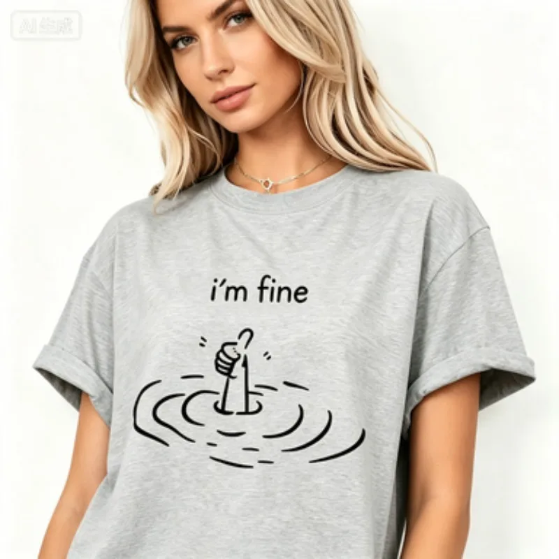 Women Cotton T-Shirt I'm Fine Funny Drowning Hand Graphic Tee Minimal Line Drawing Humorous Mental Mood Casual Crew Neck Tops