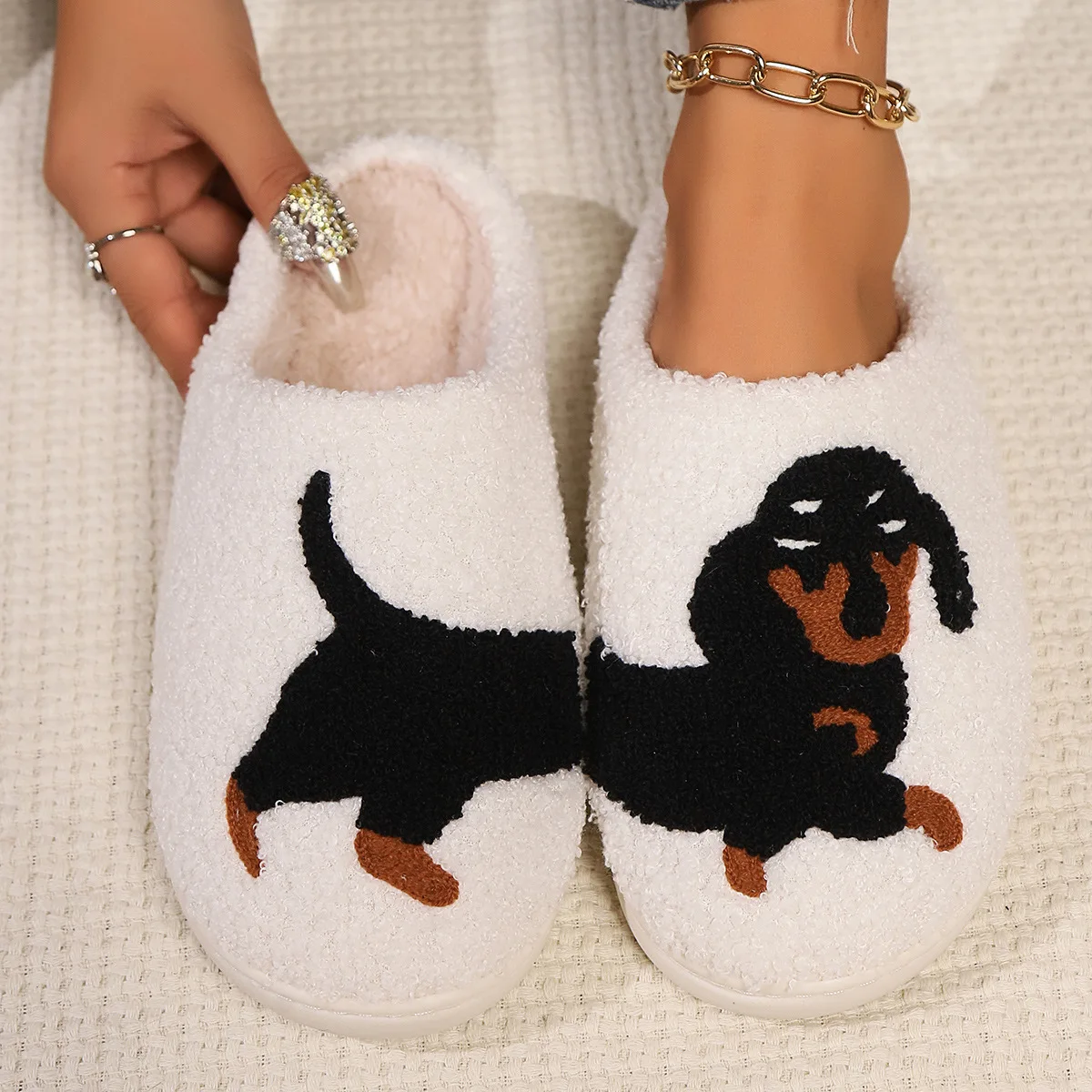 

Cute Dog Cotton Slippers For Woman Men 2024 New Autumn Winter Home Floor Shoes Anti-slip Light Weight Couples Indoor Warm Slides